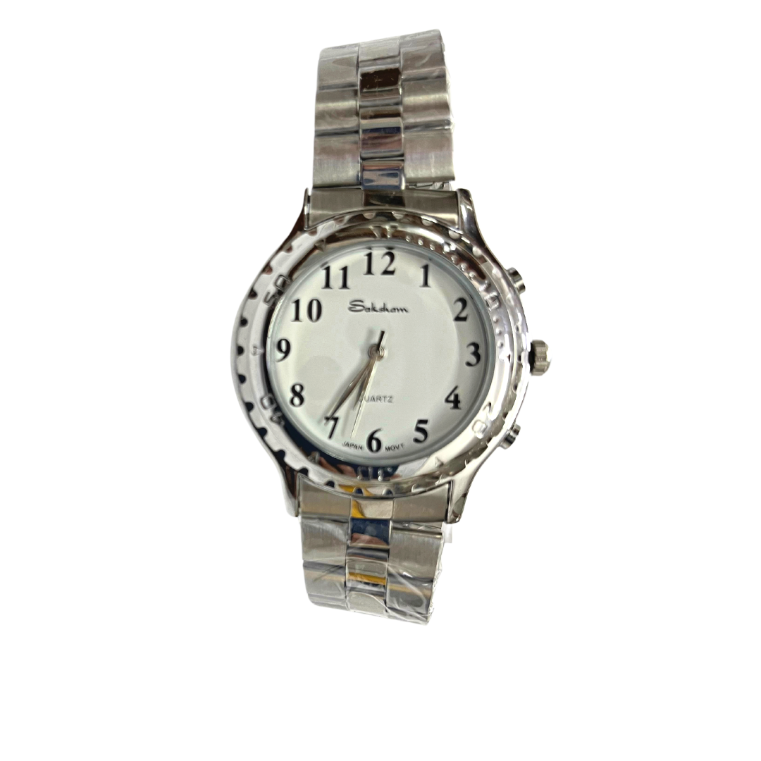 Talking Silver Wrist Watch With Metal Strap From Saksham